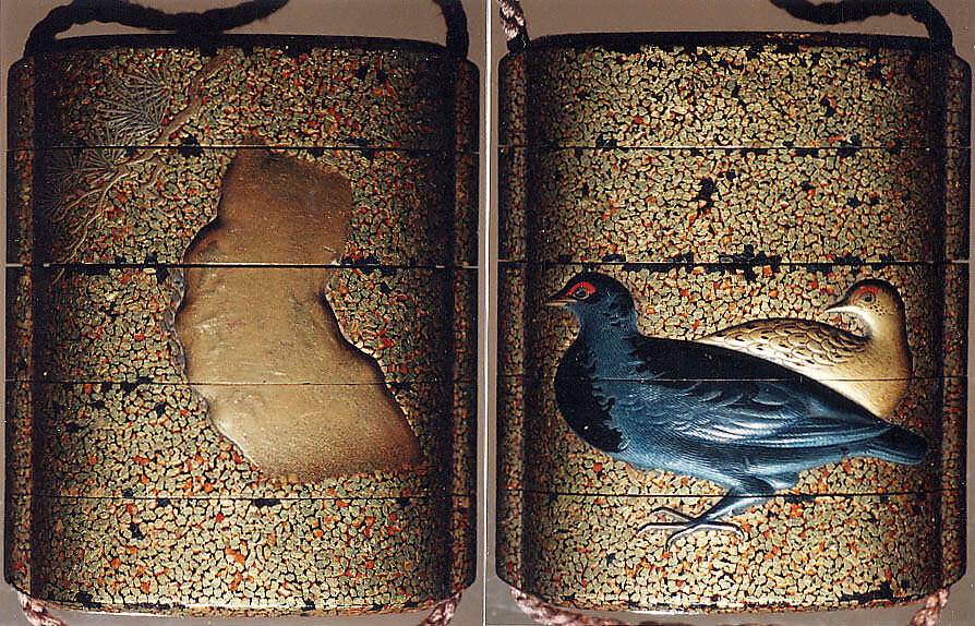 Case (Inrō) with Design of Doves and Pine Branch, Hakugyoku Hogen, Lacquer, hirame, gold, black, red and silver hiramakie, takamakie; Interior: nashiji and fundame, Japan 