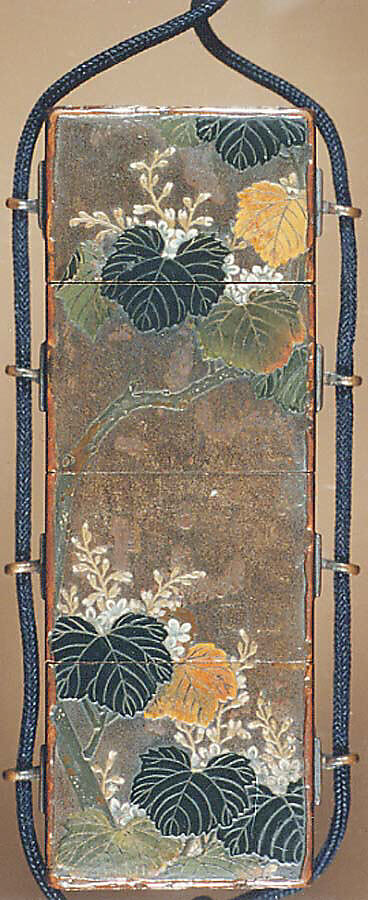 Case (Inrō) in the Shape of Wood Seal with Decoration of Pheonix and Paulownia Tree, Lacquer with red, black green, brown, and white painted lacquer 
on gray ground
Ojime: kingfisher on lotus stem; wood, stained ivory and mother-of-pearl inlay
Netsuke: yamabushi and wood gatherers, Japan