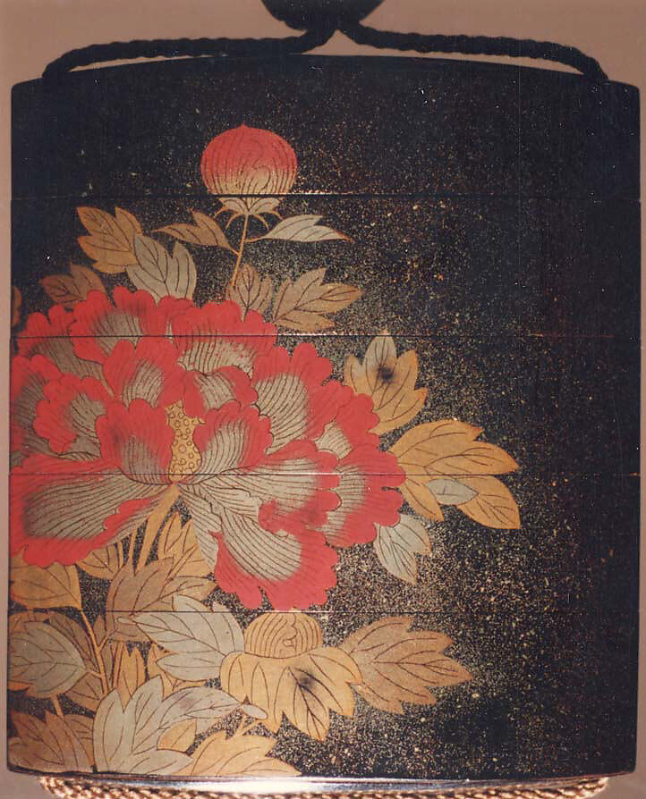 Inrō with Flowering Peonies, Four cases; lacquered wood with gold, silver, red togidashimaki-e on black lacquer ground; Netsuke: carved ivory; sage with a handscroll; Ojime: carved red lacquer bead, Japan