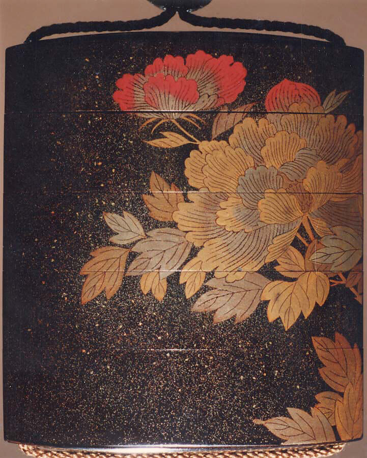 Inrō with Flowering Peonies, Four cases; lacquered wood with gold, silver, red togidashimaki-e on black lacquer ground; Netsuke: carved ivory; sage with a handscroll; Ojime: carved red lacquer bead, Japan