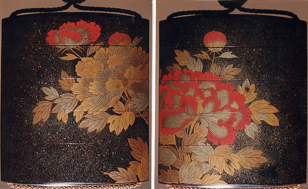 Inrō with Flowering Peonies, Four cases; lacquered wood with gold, silver, red togidashimaki-e on black lacquer ground; Netsuke: carved ivory; sage with a handscroll; Ojime: carved red lacquer bead, Japan 