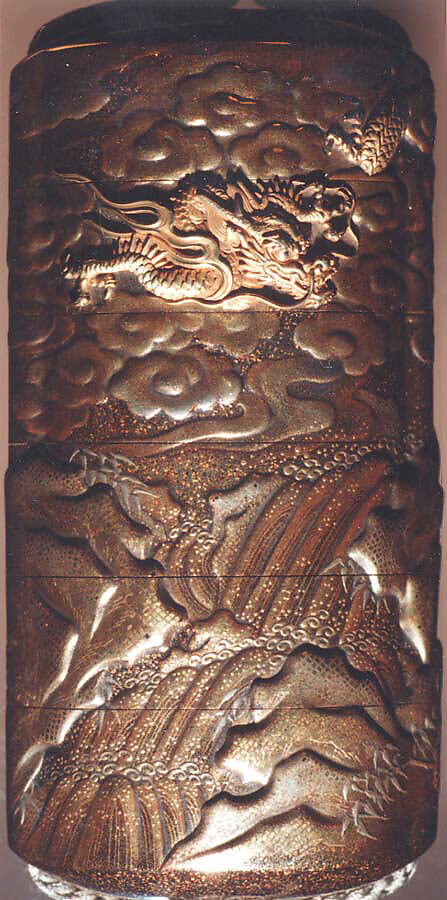 Case (Inrō) with Design of Chinese Sage beside and Ox (obverse); Dragon in Clouds over a Waterfall (reverse), Lacquer, kinji, nashiji, gold and silver hiramakie, takamakie, metal inlay; Interior: gyobu nashiji and fundame, Japan