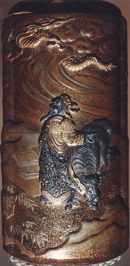 Case (Inrō) with Design of Chinese Sage beside and Ox (obverse); Dragon in Clouds over a Waterfall (reverse), Lacquer, kinji, nashiji, gold and silver hiramakie, takamakie, metal inlay; Interior: gyobu nashiji and fundame, Japan