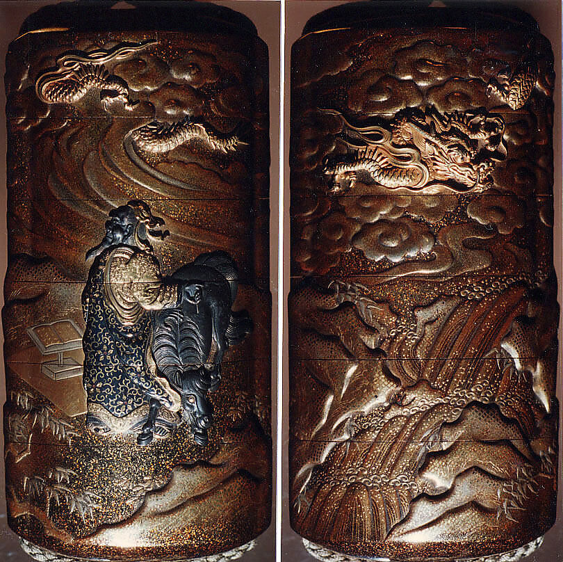 Case (Inrō) with Design of Chinese Sage beside and Ox (obverse); Dragon in Clouds over a Waterfall (reverse), Lacquer, kinji, nashiji, gold and silver hiramakie, takamakie, metal inlay; Interior: gyobu nashiji and fundame, Japan 