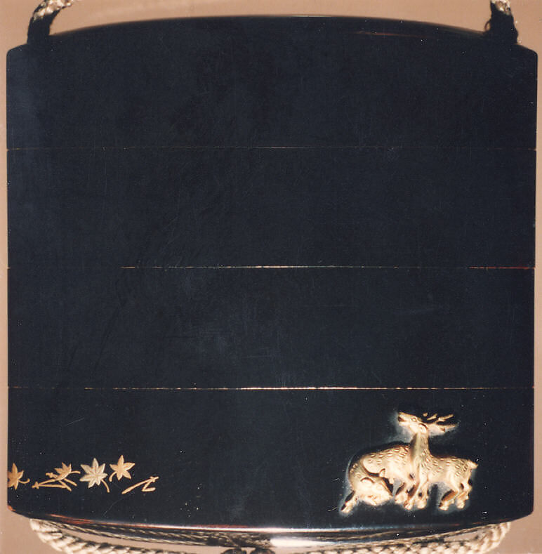Case (Inrō) with Design of Stag and Deer beside Pines Needles and Maple Leaves, Lacquer, roiro, gold hiramakie, gold metal deer; Interior: gyobu nashiji and fundame, decoration, Japan