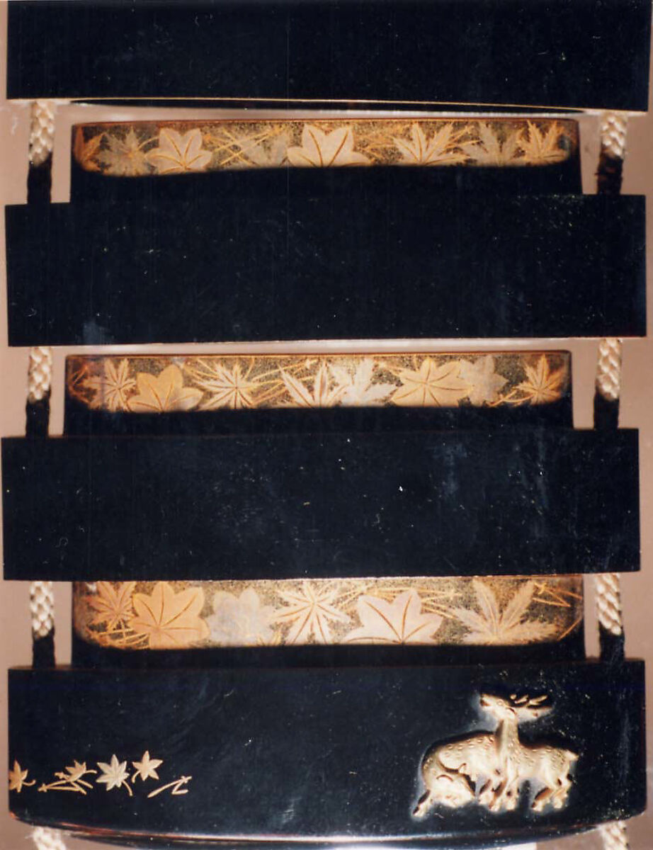 Case (Inrō) with Design of Stag and Deer beside Pines Needles and Maple Leaves, Lacquer, roiro, gold hiramakie, gold metal deer; Interior: gyobu nashiji and fundame, decoration, Japan