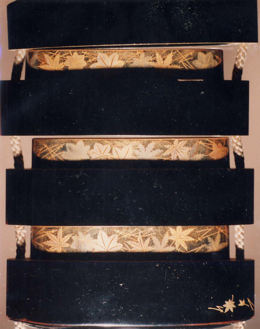Case (Inrō) with Design of Stag and Deer beside Pines Needles and Maple Leaves, Lacquer, roiro, gold hiramakie, gold metal deer; Interior: gyobu nashiji and fundame, decoration, Japan