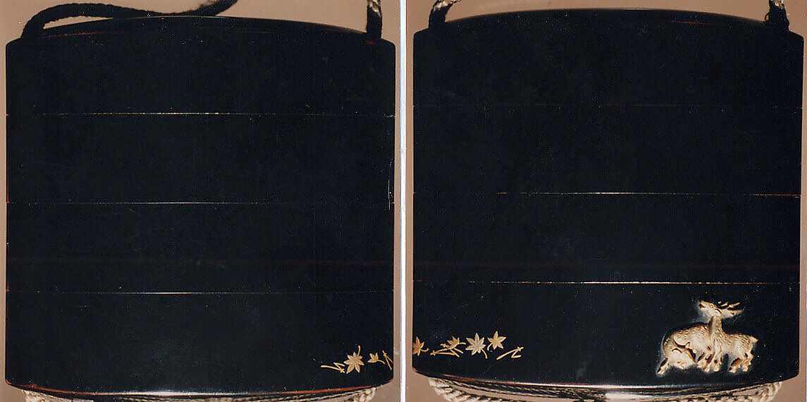 Case (Inrō) with Design of Stag and Deer beside Pines Needles and Maple Leaves, Lacquer, roiro, gold hiramakie, gold metal deer; Interior: gyobu nashiji and fundame, decoration, Japan 