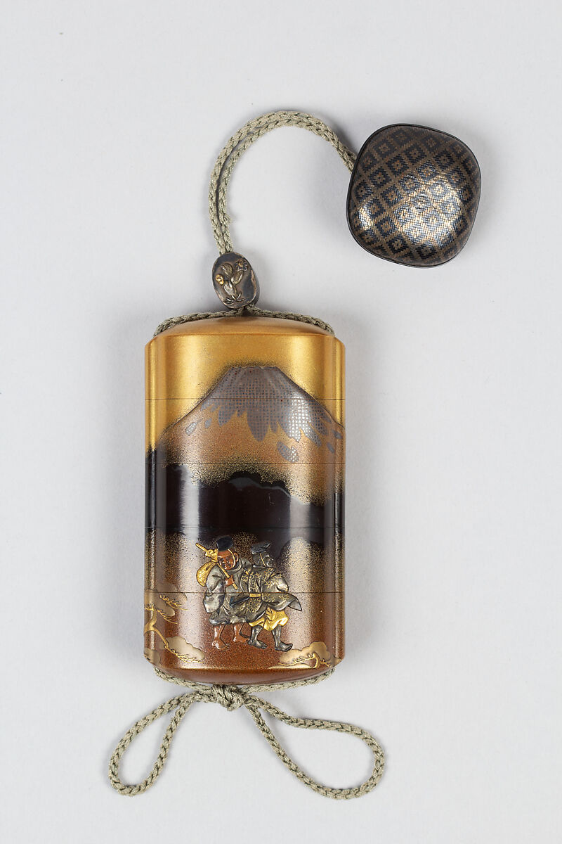 Case (Inrō) with Design of Narihira at Mount Fuji, from The Tales of Ise, Lacquer, kinji, gold and silver hiramakie, metal inlay, kirigane; Interior: gyobu nashiji and fundame, Japan 