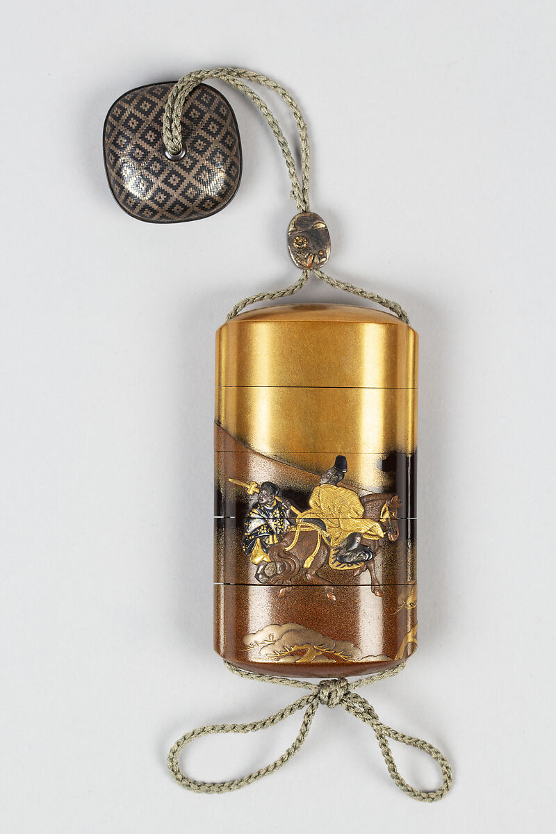 Case (Inrō) with Design of Narihira at Mount Fuji, from The Tales of Ise, Lacquer, kinji, gold and silver hiramakie, metal inlay, kirigane; Interior: gyobu nashiji and fundame, Japan