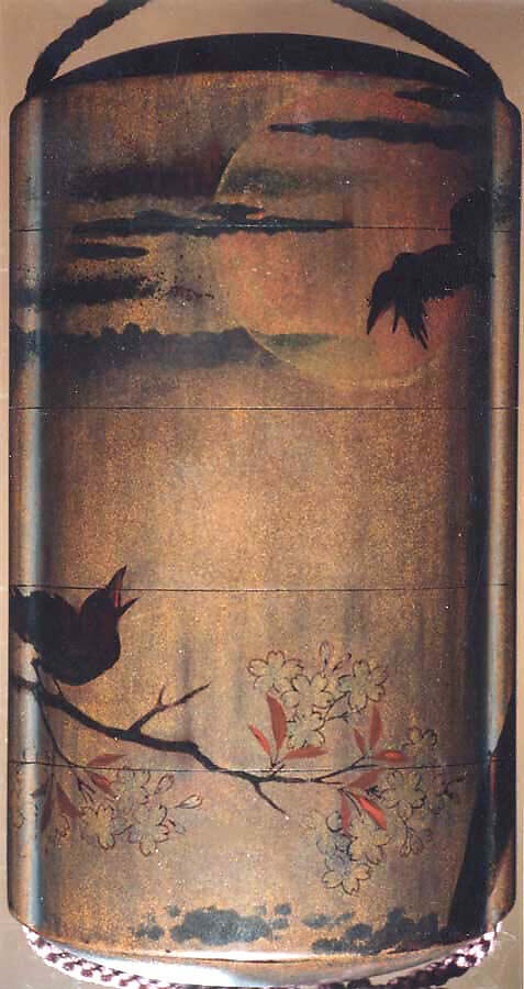 Inrō with Crows on Cherry Tree in Moonlight, Gold and silver lacquer ground with black and red togidashi maki-eNetsuke: fox-dancer; carved and lacquered wood, ivoryOjime: butterflies; cloisonné bead, Japan