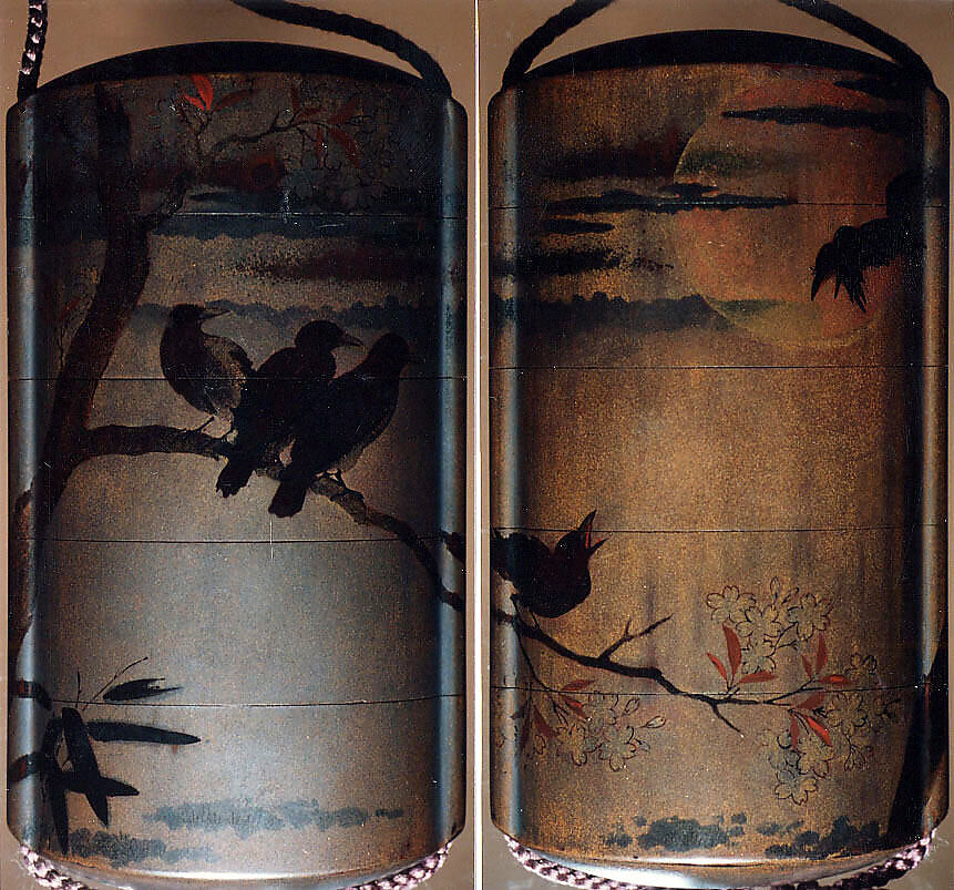 Inrō with Crows on Cherry Tree in Moonlight, Gold and silver lacquer ground with black and red togidashi maki-eNetsuke: fox-dancer; carved and lacquered wood, ivoryOjime: butterflies; cloisonné bead, Japan 