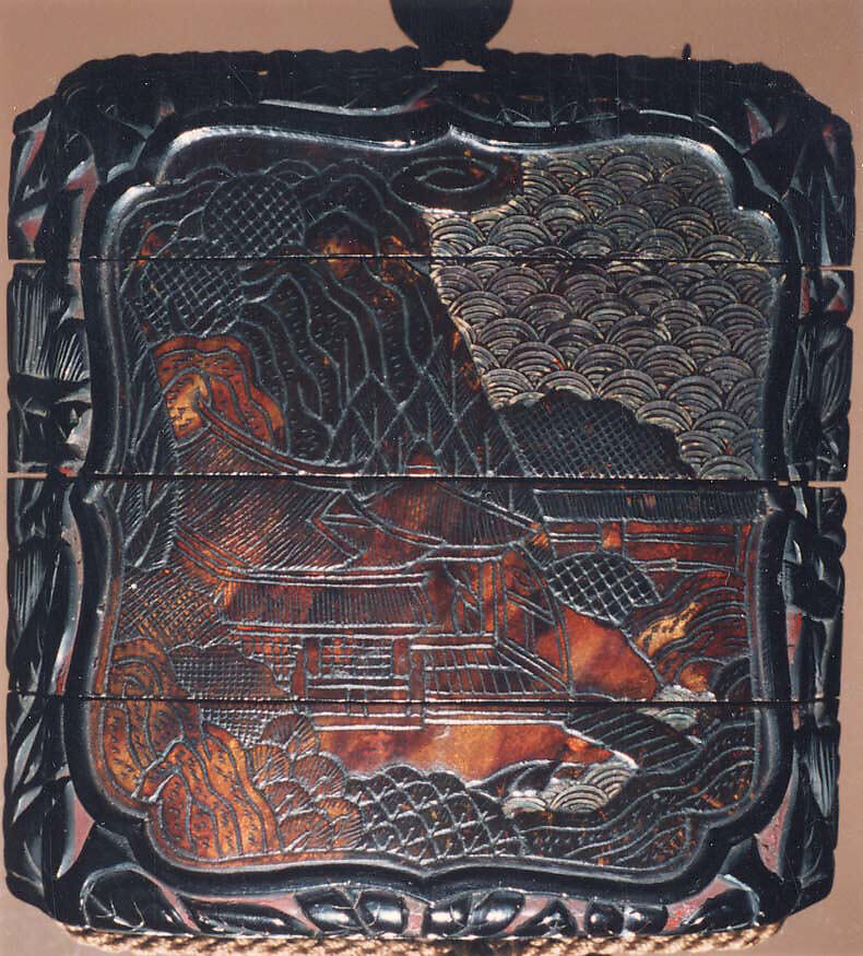 Case (Inrō) with Design of Chinese-Style Landscape, Pomegranate Leaves and Fruit, Tortoise, tsuishu and tsuikoku, tortoiseshell, aogai; Interior: nashiji and fundame, Japan