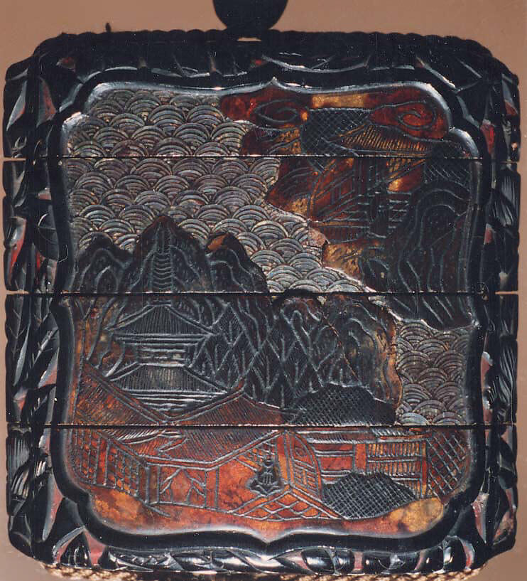 Case (Inrō) with Design of Chinese-Style Landscape, Pomegranate Leaves and Fruit, Tortoise, tsuishu and tsuikoku, tortoiseshell, aogai; Interior: nashiji and fundame, Japan