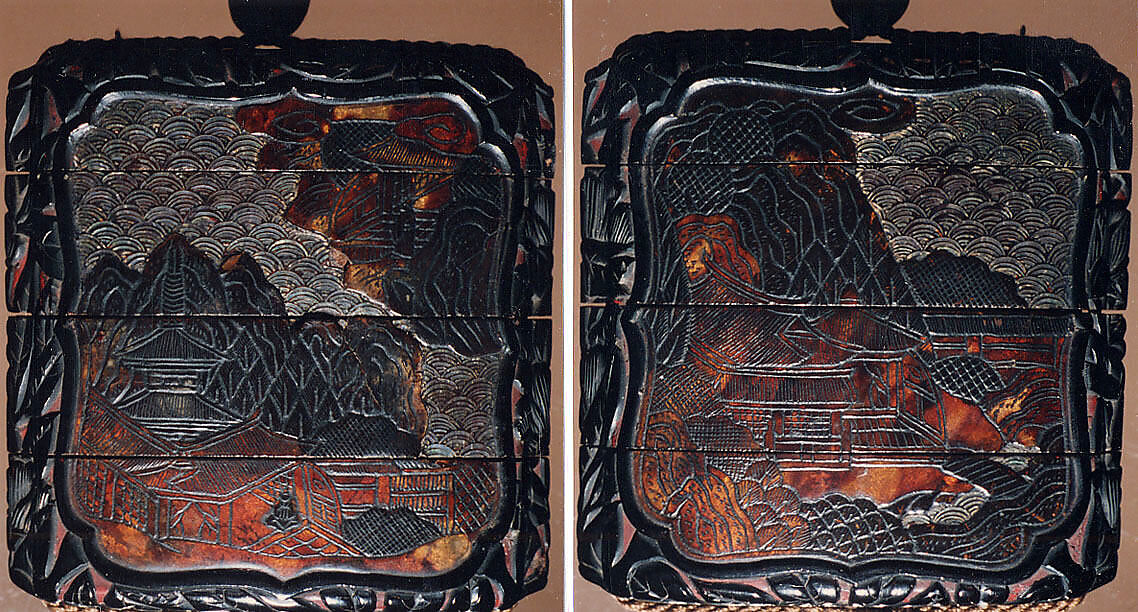 Case (Inrō) with Design of Chinese-Style Landscape, Pomegranate Leaves and Fruit, Tortoise, tsuishu and tsuikoku, tortoiseshell, aogai; Interior: nashiji and fundame, Japan 