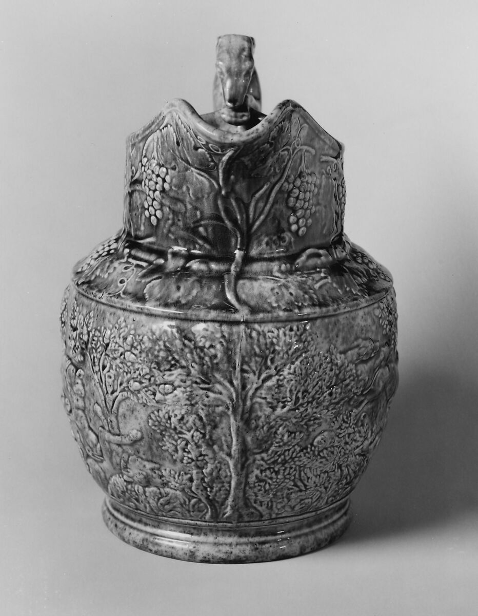 Pitcher, United States Pottery Company (1852–58), Mottled brown earthenware, American