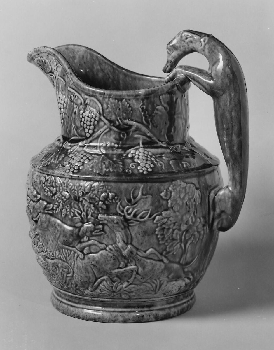 Pitcher, United States Pottery Company (1852–58), Mottled brown earthenware, American