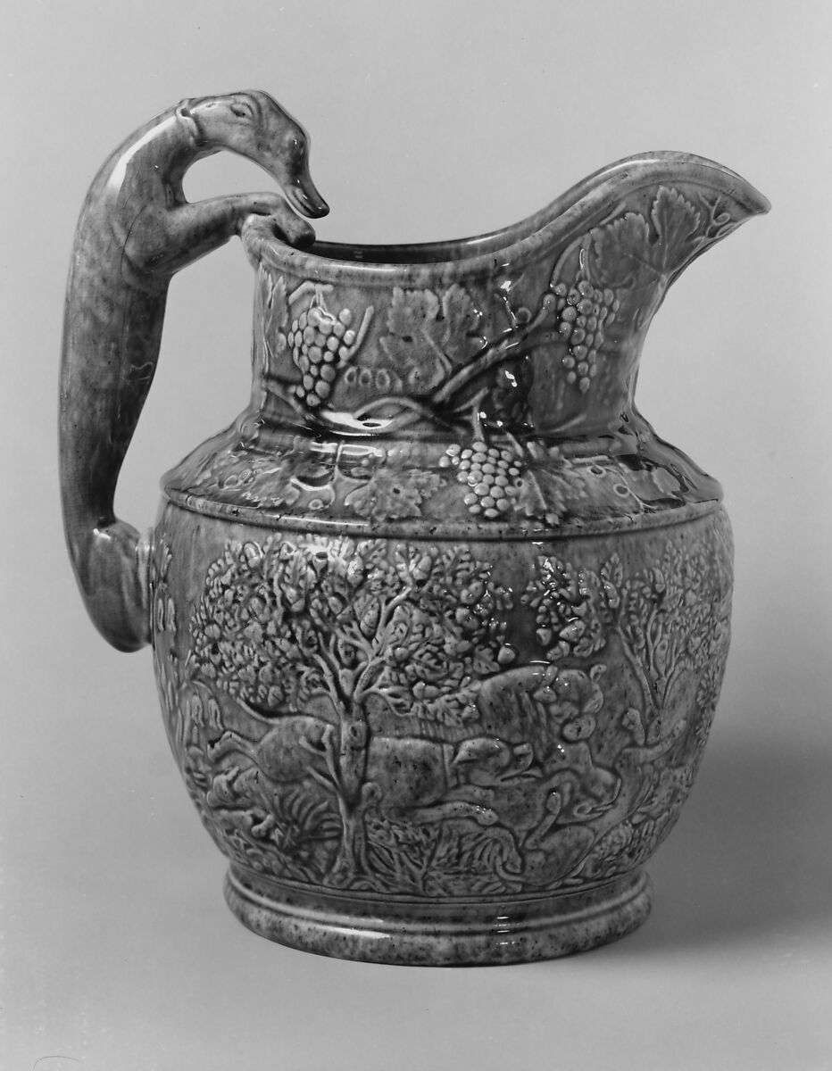 Pitcher, United States Pottery Company (1852–58), Mottled brown earthenware, American