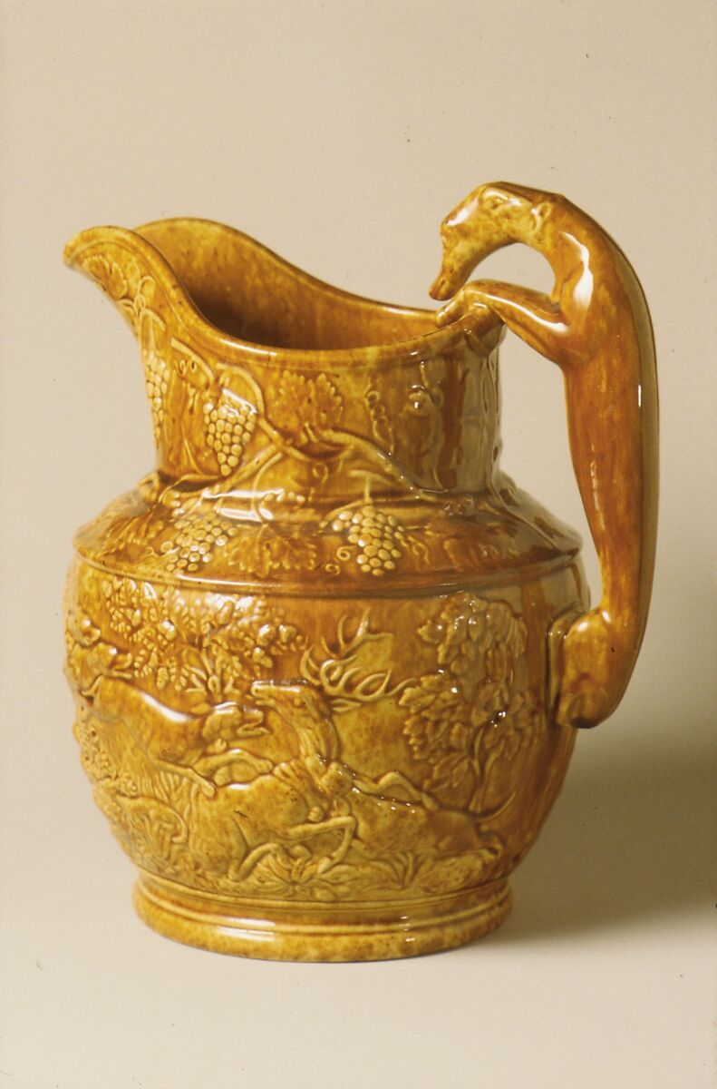 Pitcher, United States Pottery Company (1852–58), Mottled brown earthenware, American 