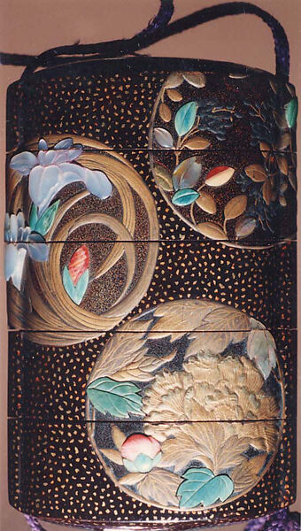Case (Inrō) with Design of Flowers in Circular Panels, Lacquer, roiro, hirame, gold and coloured hiramakie, nashiji, various inlay; Interior: fundame, Japan