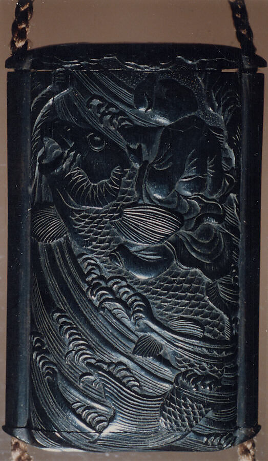 Case (Inrō) with Design of Fukurokuju (God of Longevity) Riding a  Flying Crane before Waterfall (obverse); Kinko Sennin Riding a Carp on Waves (reverse), Wood, ebony, carved relief; Interior: plain, boxes, Japan
