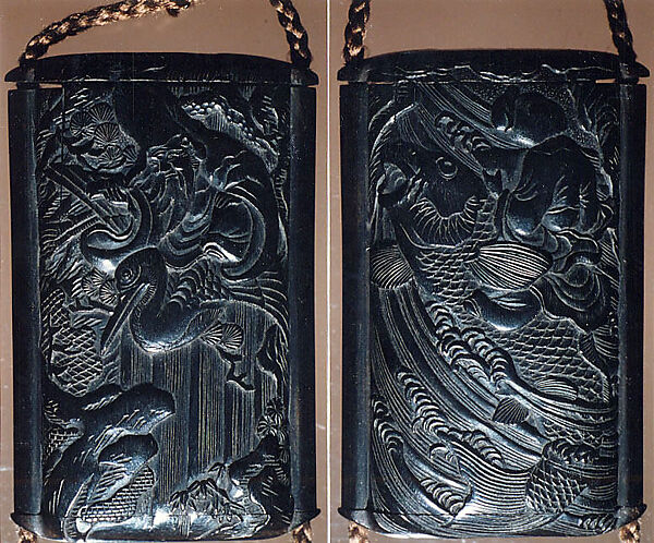Case (Inrō) with Design of Fukurokuju (God of Longevity) Riding a  Flying Crane before Waterfall (obverse); Kinko Sennin Riding a Carp on Waves (reverse)
