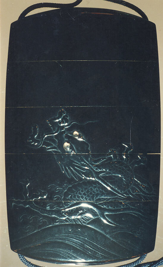 Case (Inrō) with Design of Dragon Emerging from Waves, Lacquer, roiro, yamimakie, black hiramakie, takamakie, inlaid raden eyes; Interior: nashiji and fundame, Japan