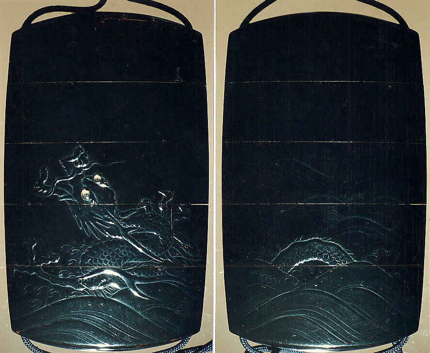 Case (Inrō) with Design of Dragon Emerging from Waves, Lacquer, roiro, yamimakie, black hiramakie, takamakie, inlaid raden eyes; Interior: nashiji and fundame, Japan 