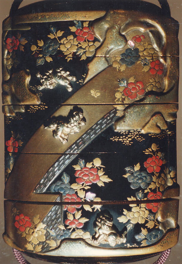 Case (Inrō) with Design of Chinese Lions (Karashishi) with Peonies and on Bridge, Lacquer, roiro, gold, red, silver hiramakie, takamakie, kirigane, gold metal; Interior: nashiji and fundame, Japan