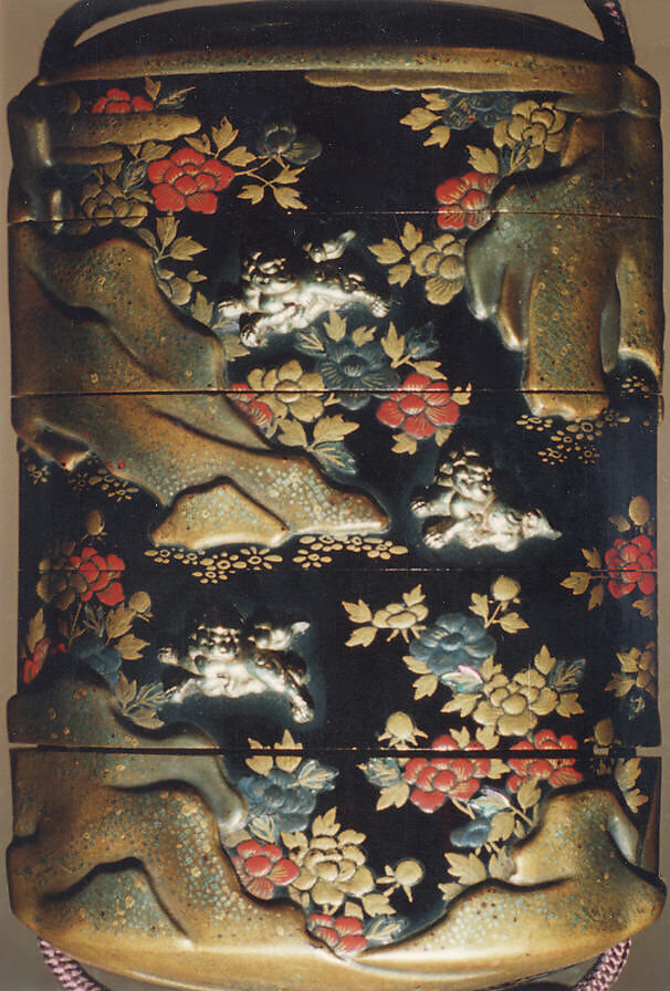 Case (Inrō) with Design of Chinese Lions (Karashishi) with Peonies and on Bridge, Lacquer, roiro, gold, red, silver hiramakie, takamakie, kirigane, gold metal; Interior: nashiji and fundame, Japan