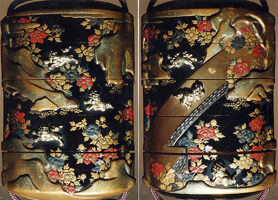 Case (Inrō) with Design of Chinese Lions (Karashishi) with Peonies and on Bridge, Lacquer, roiro, gold, red, silver hiramakie, takamakie, kirigane, gold metal; Interior: nashiji and fundame, Japan 