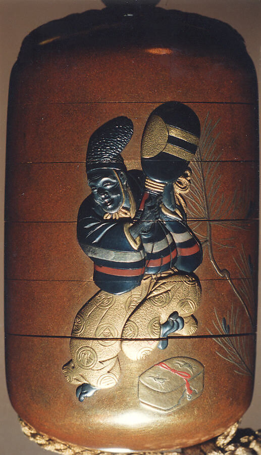 Inrō with Kyōgen Dancer with Quiver from “The Monkey Skin Quiver” (obverse); Dancer with Fan and Sword (reverse), Five cases; lacquered wood with gold, silver, red, black takamaki-e, hiramaki-e on gold lacquer ground; Netsuke: carved ivory; folded obi sash; Ojime: metal bead with autumn grasses, Japan