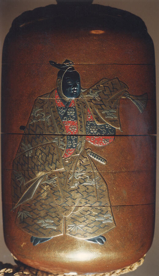 Inrō with Kyōgen Dancer with Quiver from “The Monkey Skin Quiver” (obverse); Dancer with Fan and Sword (reverse), Five cases; lacquered wood with gold, silver, red, black takamaki-e, hiramaki-e on gold lacquer ground; Netsuke: carved ivory; folded obi sash; Ojime: metal bead with autumn grasses, Japan