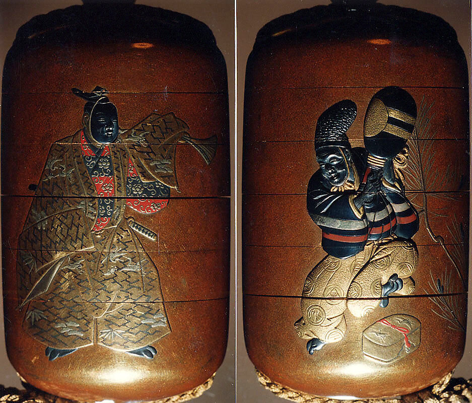 Inrō with Kyōgen Dancer with Quiver from “The Monkey Skin Quiver” (obverse); Dancer with Fan and Sword (reverse), Five cases; lacquered wood with gold, silver, red, black takamaki-e, hiramaki-e on gold lacquer ground; Netsuke: carved ivory; folded obi sash; Ojime: metal bead with autumn grasses, Japan 