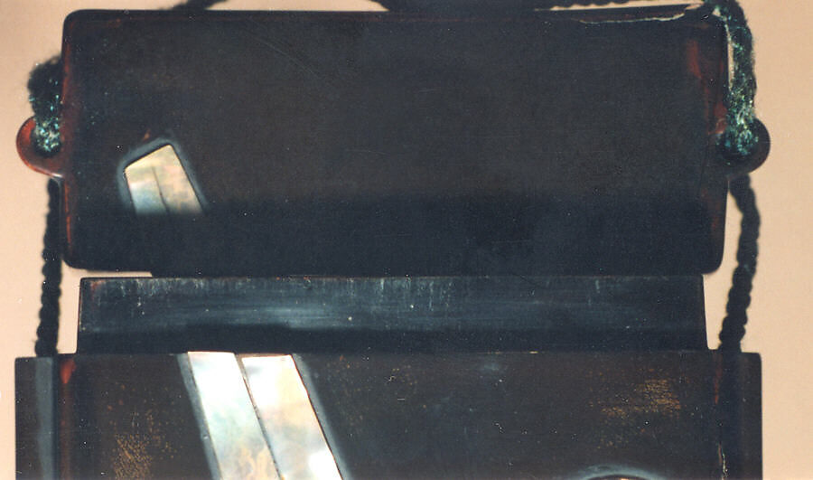 Case (Inrō) with Design of Objects for Tea Ceremony, Lacquer, roiro, gold and brown hiramakie, wood, raden, various inlay; Interior: roiro and fundame, Japan