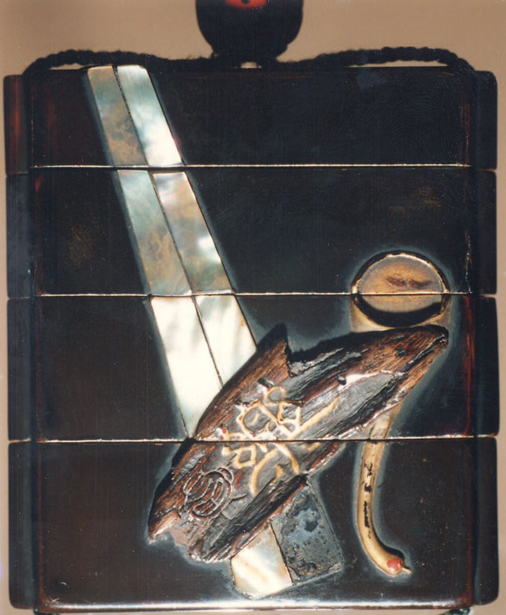 Case (Inrō) with Design of Objects for Tea Ceremony, Lacquer, roiro, gold and brown hiramakie, wood, raden, various inlay; Interior: roiro and fundame, Japan