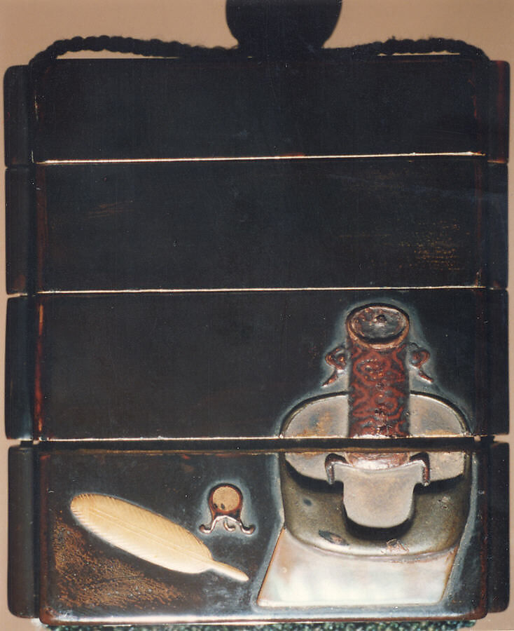 Case (Inrō) with Design of Objects for Tea Ceremony, Lacquer, roiro, gold and brown hiramakie, wood, raden, various inlay; Interior: roiro and fundame, Japan