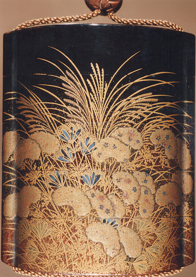 Case (Inrō) with Design of Wild Carrot and Autumn Grasses, Lacquer, roiro, nashiji, gold hiramakie, aogai inlay; Interior: nashiji and fundame, Japan