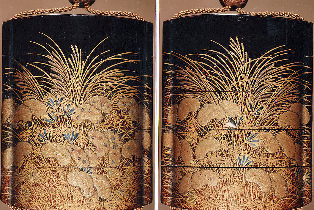 Case (Inrō) with Design of Wild Carrot and Autumn Grasses, Lacquer, roiro, nashiji, gold hiramakie, aogai inlay; Interior: nashiji and fundame, Japan