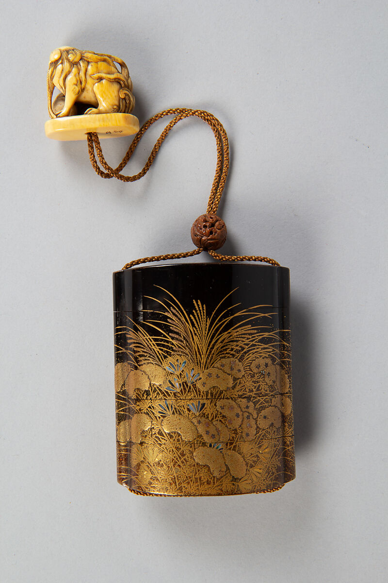 Case (Inrō) with Design of Wild Carrot and Autumn Grasses, Lacquer, roiro, nashiji, gold hiramakie, aogai inlay; Interior: nashiji and fundame, Japan