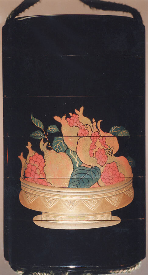 Case (Inrō) with Design of Parrot on Swing (obverse) Basket of Pomegranates (reverse), Lacquer, roiro, gold, silver and coloured togidashi; Interior: nashiji and fundame, Japan
