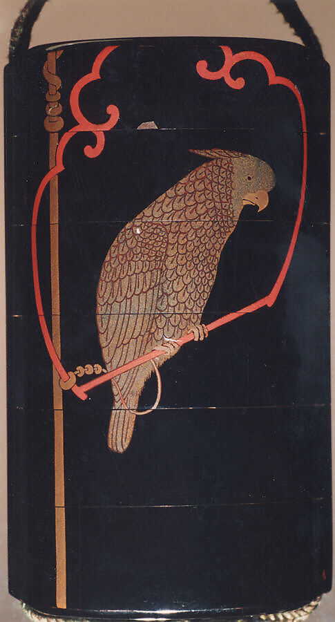 Case (Inrō) with Design of Parrot on Swing (obverse) Basket of Pomegranates (reverse), Lacquer, roiro, gold, silver and coloured togidashi; Interior: nashiji and fundame, Japan