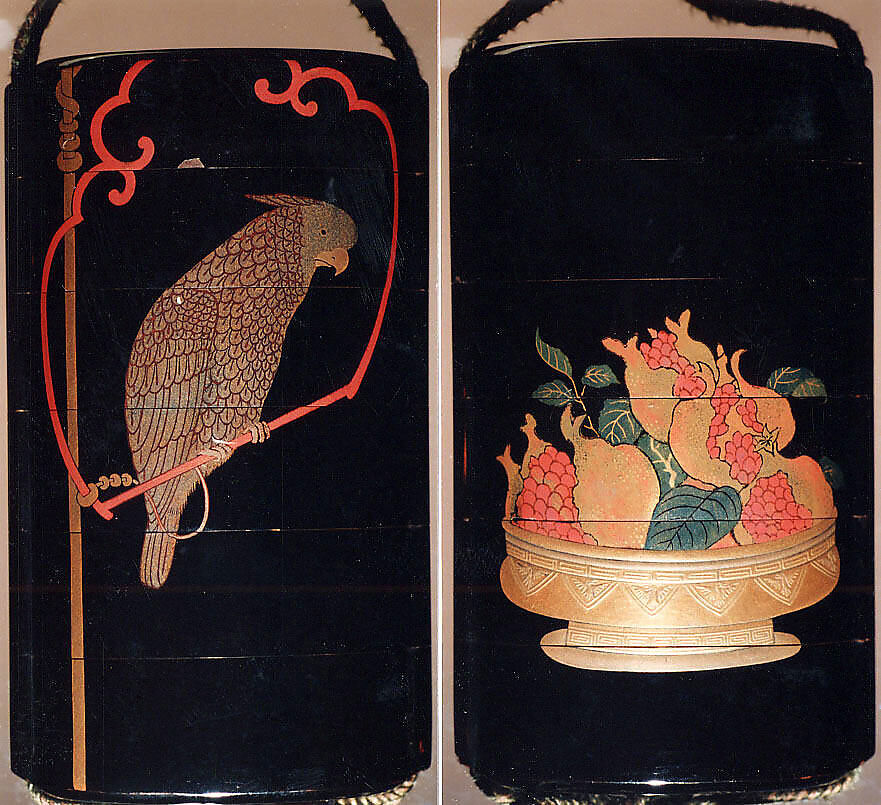 Case (Inrō) with Design of Parrot on Swing (obverse) Basket of Pomegranates (reverse), Lacquer, roiro, gold, silver and coloured togidashi; Interior: nashiji and fundame, Japan 