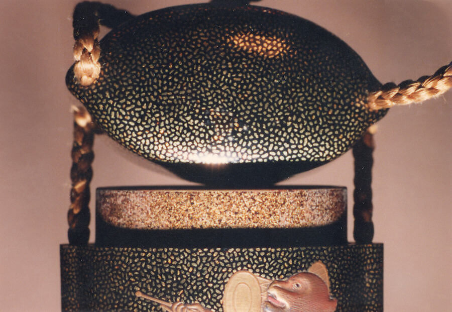 Case (Inrō) with Design of Three Monkeys as New Year Dancers, Lacquer, roiro, hirame, gold and coloured hiramakie, takamakie; Interior: nashiji and fundame, Japan