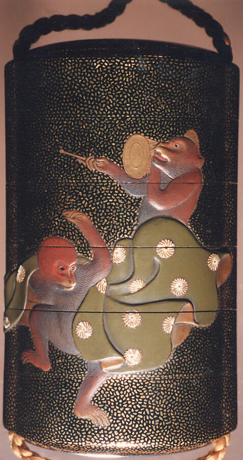 Case (Inrō) with Design of Three Monkeys as New Year Dancers, Lacquer, roiro, hirame, gold and coloured hiramakie, takamakie; Interior: nashiji and fundame, Japan