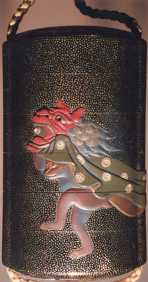 Case (Inrō) with Design of Three Monkeys as New Year Dancers, Lacquer, roiro, hirame, gold and coloured hiramakie, takamakie; Interior: nashiji and fundame, Japan