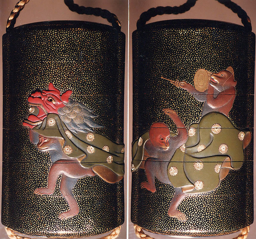 Case (Inrō) with Design of Three Monkeys as New Year Dancers, Lacquer, roiro, hirame, gold and coloured hiramakie, takamakie; Interior: nashiji and fundame, Japan 