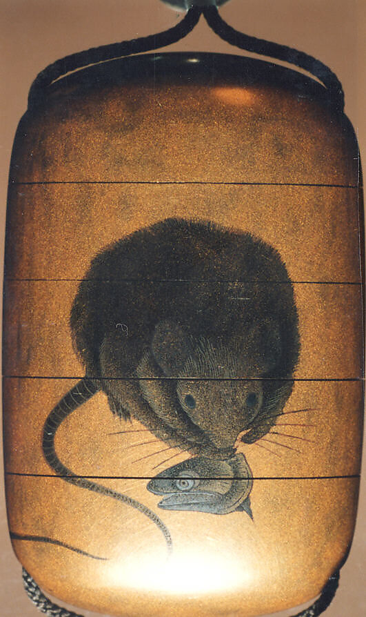 Case (Inrō) with Design of Two Rats Eating Fish Head and Bones, Lacquer, kinji, sumie togidashi; Interior: gyobu nashiji and fundame, Japan