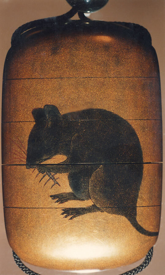 Case (Inrō) with Design of Two Rats Eating Fish Head and Bones, Lacquer, kinji, sumie togidashi; Interior: gyobu nashiji and fundame, Japan