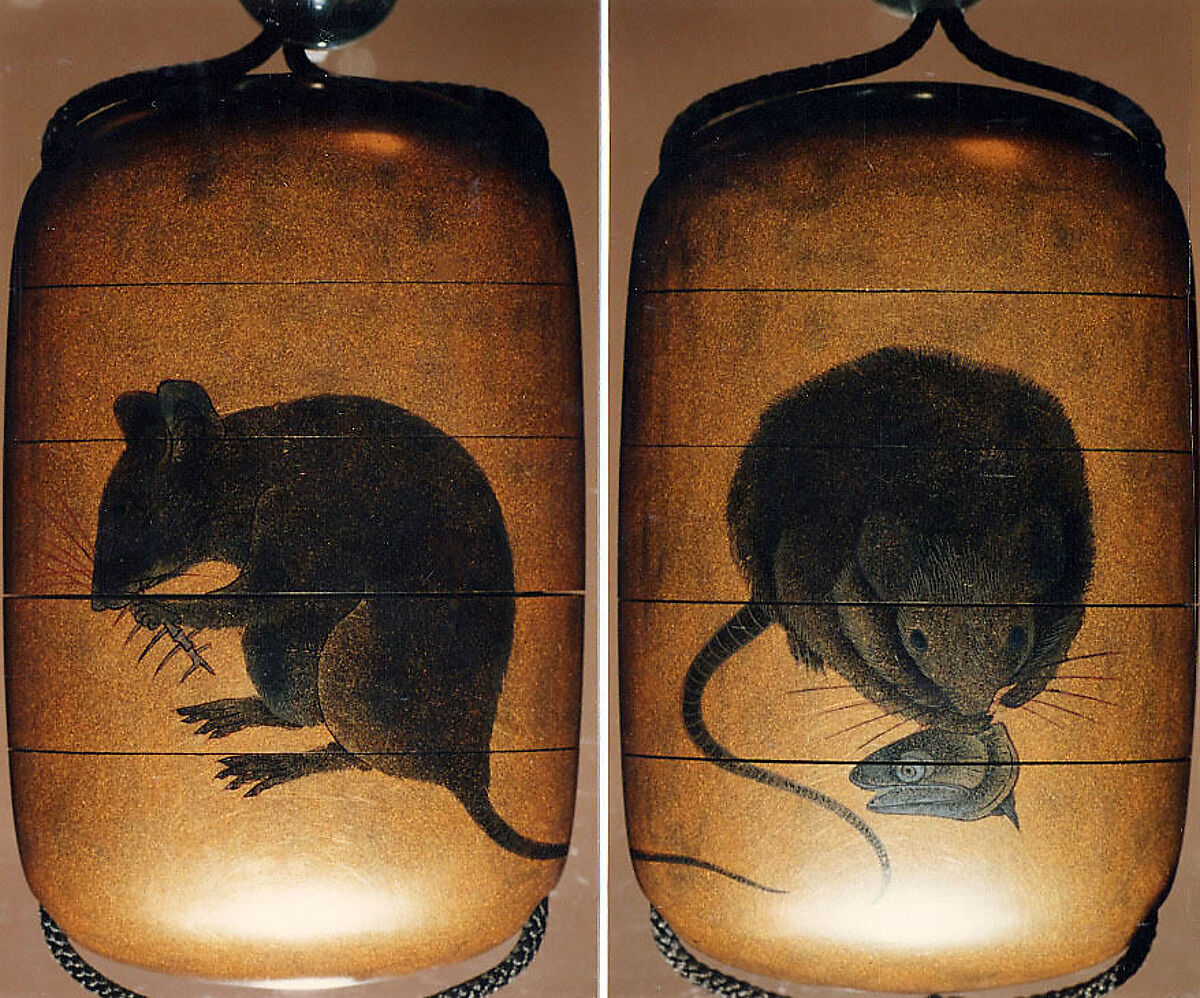 Case (Inrō) with Design of Two Rats Eating Fish Head and Bones, Lacquer, kinji, sumie togidashi; Interior: gyobu nashiji and fundame, Japan 